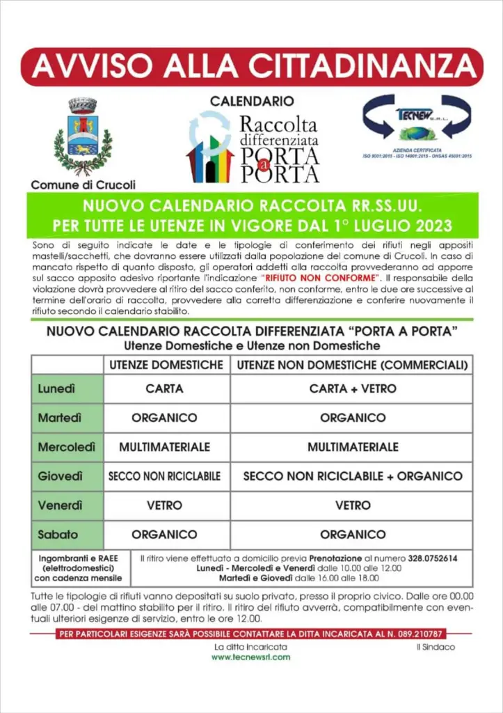 Calendario Raccolta Rifiuti dal 01.07.2023